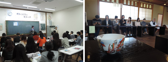 左:学芸員から四日市公害について説明を受ける。 右:泗水庵にて日本のお茶文化を体験。