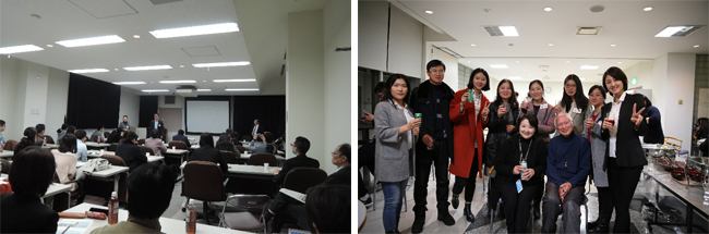 左:川&水に関する講演に真剣に耳を傾ける。 右:セミナー後の迎懇親会では両国の歌合戦も