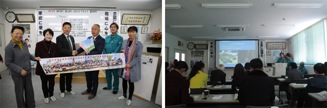 左:長江こども環境サミット記念写真と竹内千尋志摩市長 右:志摩環境事業協業組合にて事業説明